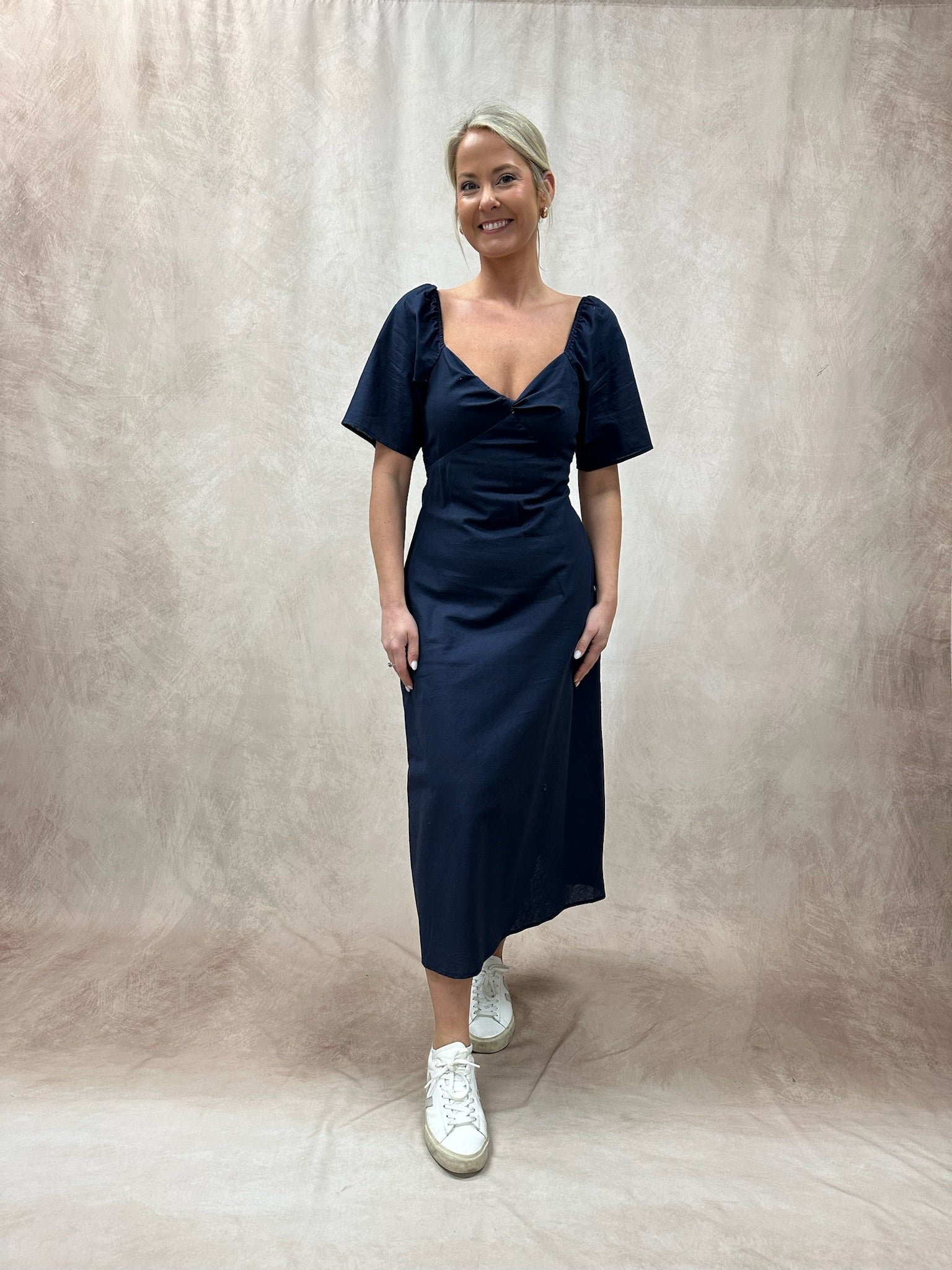 Twist Front Puff Sleeve Midi Dress – Stile by Per Lei Twist Front Puff Sleeve Midi Dress – Stile by Per Lei