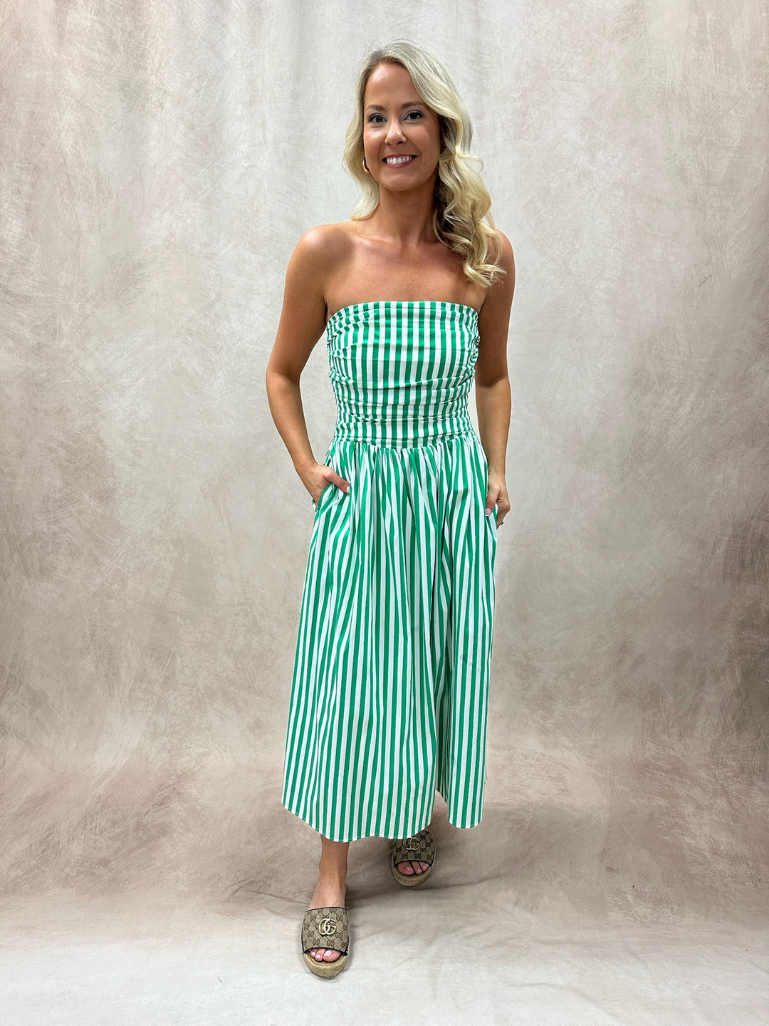green striped strapless dress Striped Strapless Midi Dress